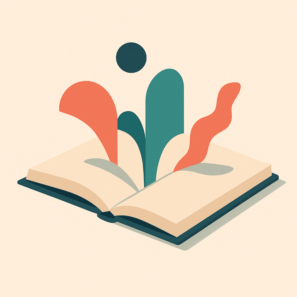 Illustration of an open book with shapes lifting from the pages, representing plain-language explanation