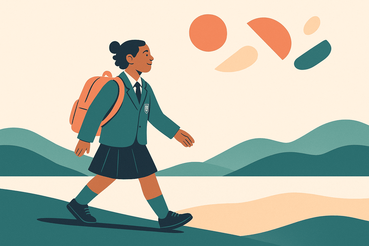 Illustration of a New Zealand secondary school student walking forward with backpack, Aotearoa hills in the background