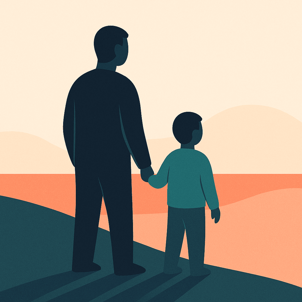 Illustration of a parent and child standing together looking towards the horizon