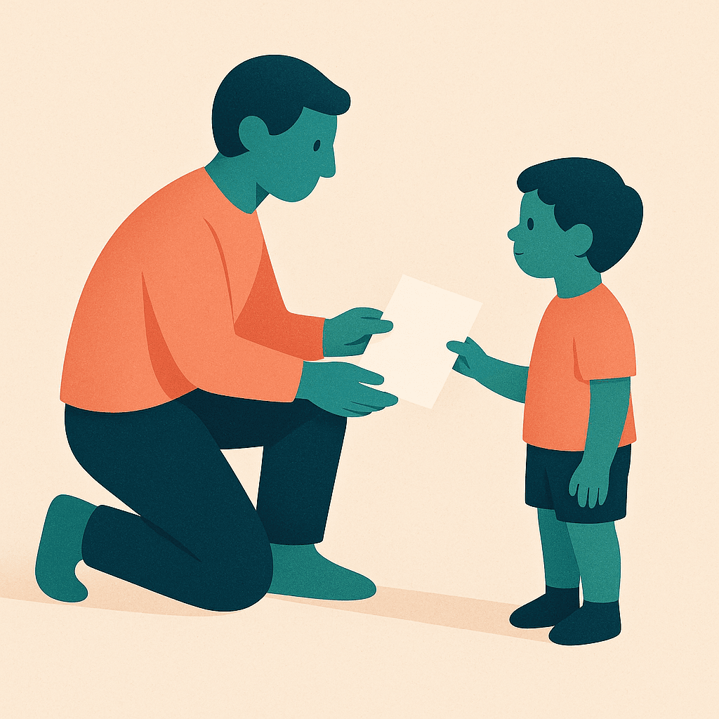 Illustration of an adult handing a folded guide to a child