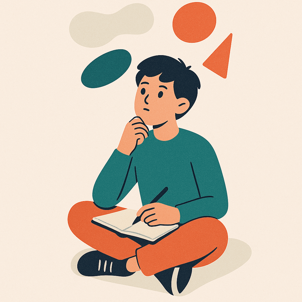 Illustration of a student sitting with a notebook, with abstract idea shapes floating overhead
