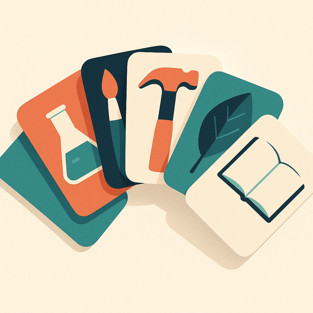 Illustration of subject cards fanned out — beaker, paintbrush, hammer, leaf, notebook, compass — representing the variety of senior school subjects