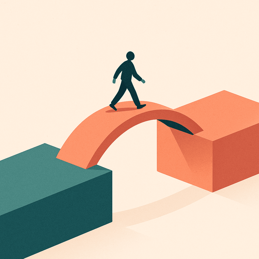 Illustration of a figure walking across an arched bridge between two platforms, representing the transition from NCEA to NZCE